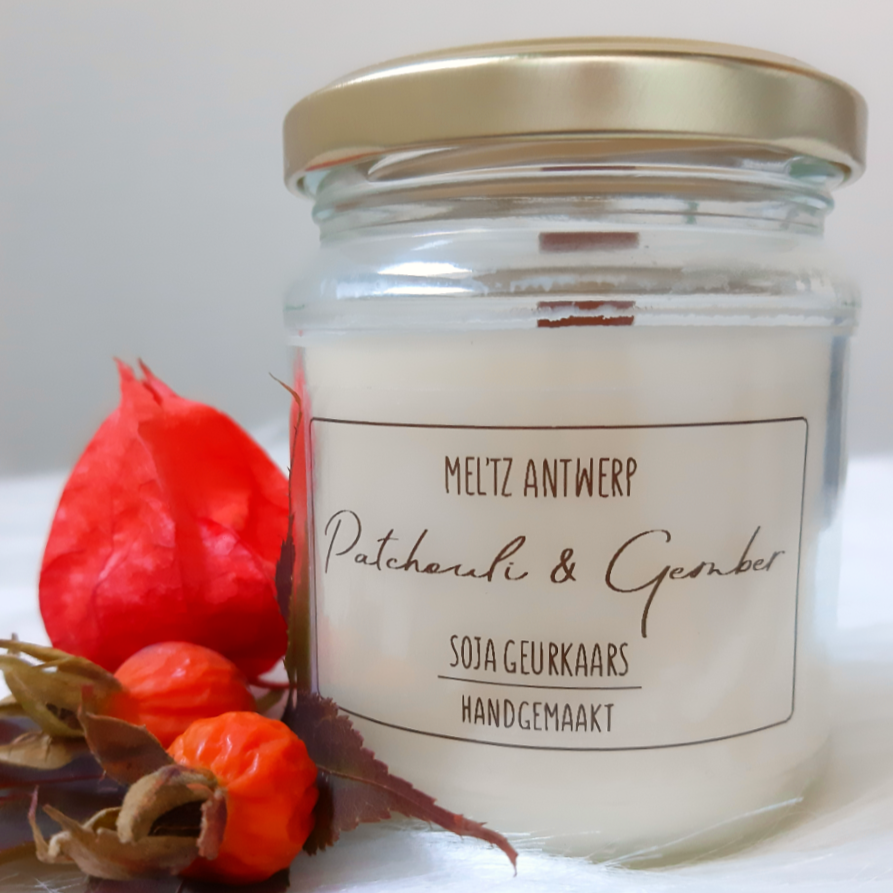 patchouli, gember, kaarsen, sojakaarsen, natuurlijke kaarsen, vegan kaarsen, handgemaakte kaarsen, geurkaarsen